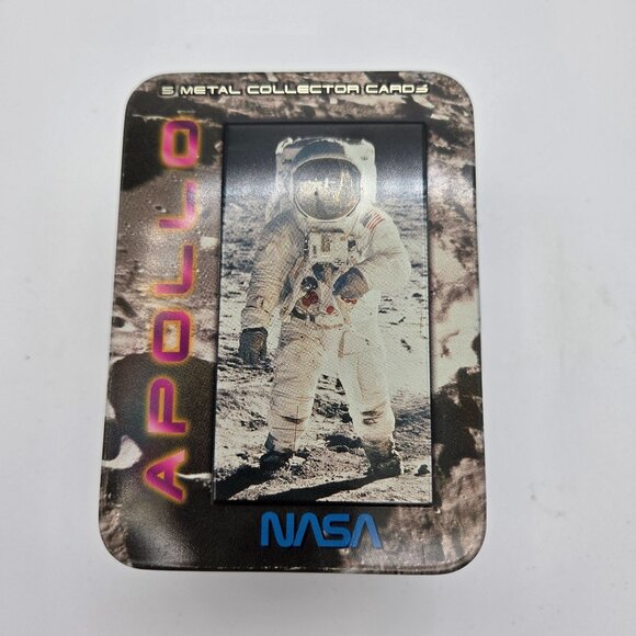 Apollo NASA 5 Metal Collector Cards In Tin Box Featuring Iconic Space Mission Im - Picture 1 of 5